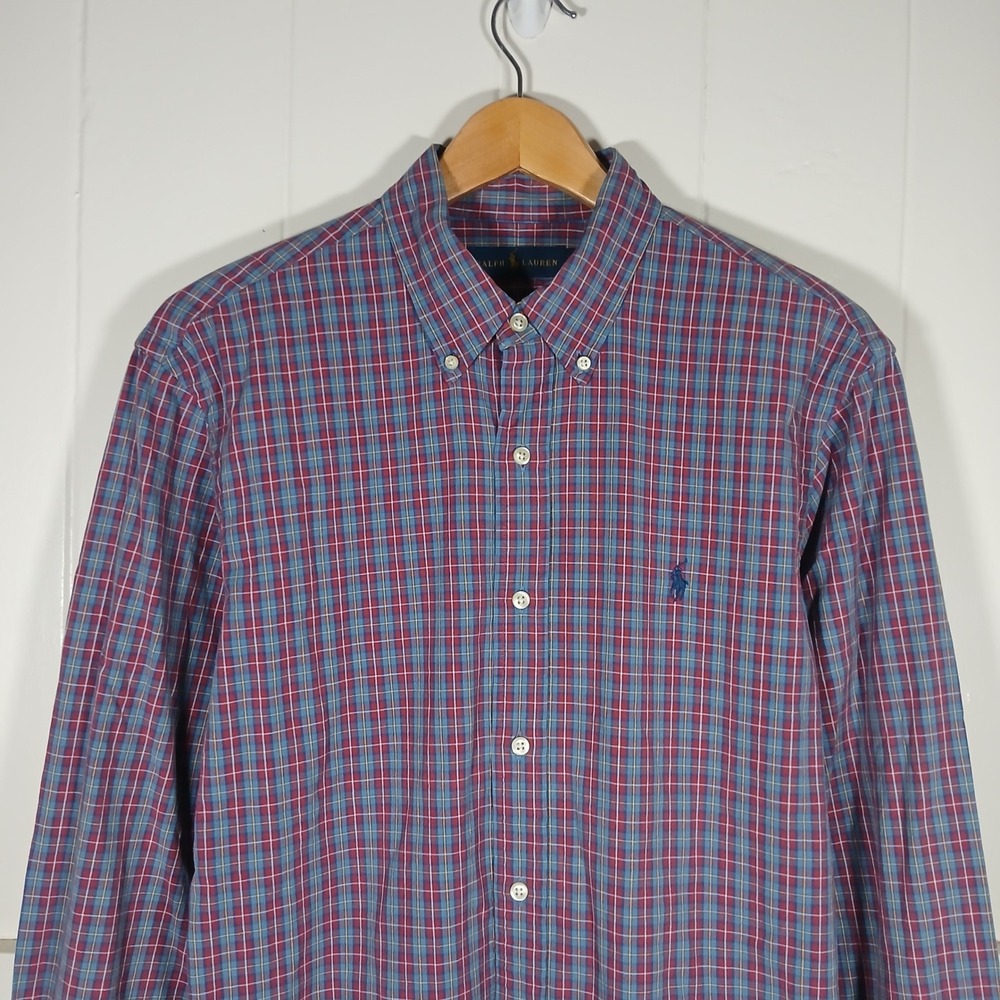 Ralph Lauren Twill Button Down Shirt Mens L Blue Red Plaid Long Sleeve Cotton